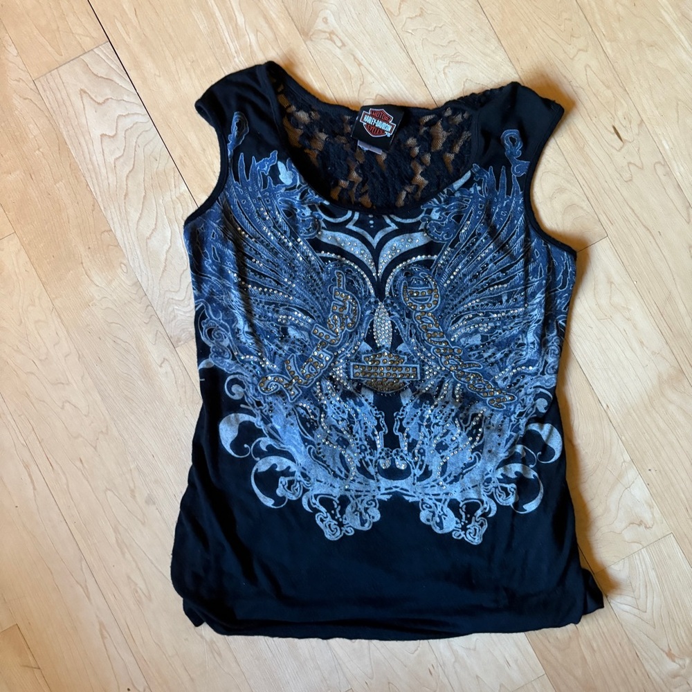 Women’s Medium Harley-Davidson Black & Blue Rhinestone Bling Lace Tank Top